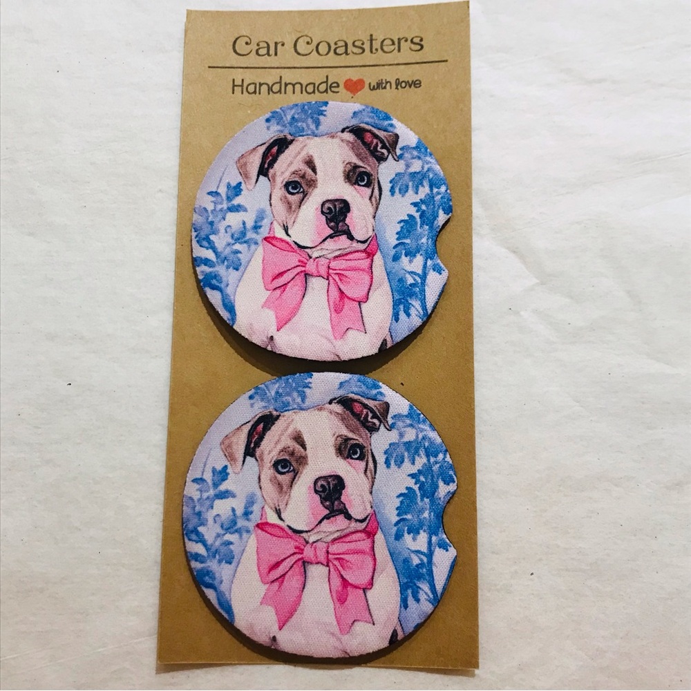Adorable American Bulldog Blue Toile Design Neoprene Car Coasters Set Handmade